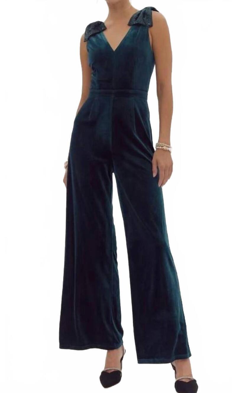 NEW ENTRO elegant v-neck wide-leg jumpsuit in emerald